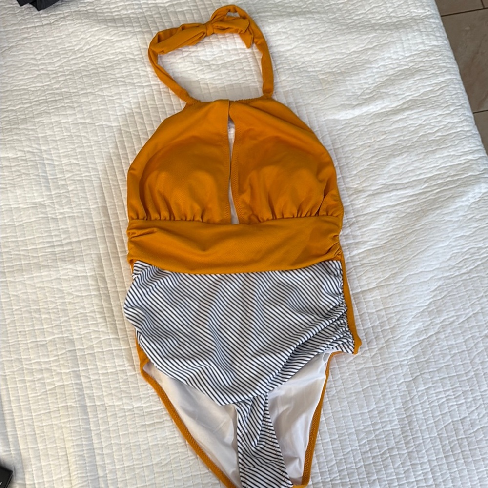 Stylish Yellow and Striped Halter Swimsuit